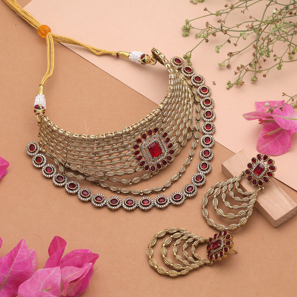 Red Color American Diamond Choker Necklace Set Featuring Elegant Party Wear Design