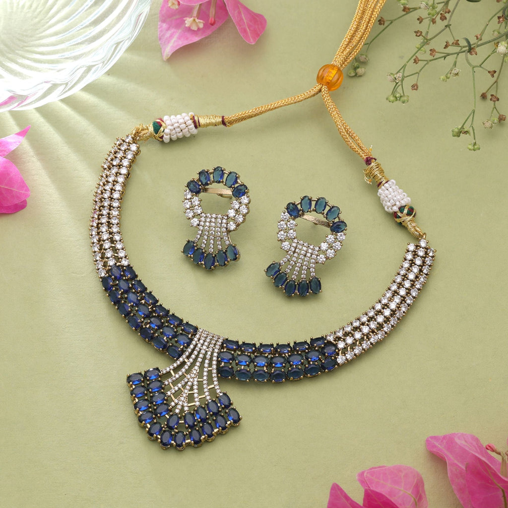 Blue Color American Diamond Necklace Set with Elegant Crystal Designer Jewelry Finish