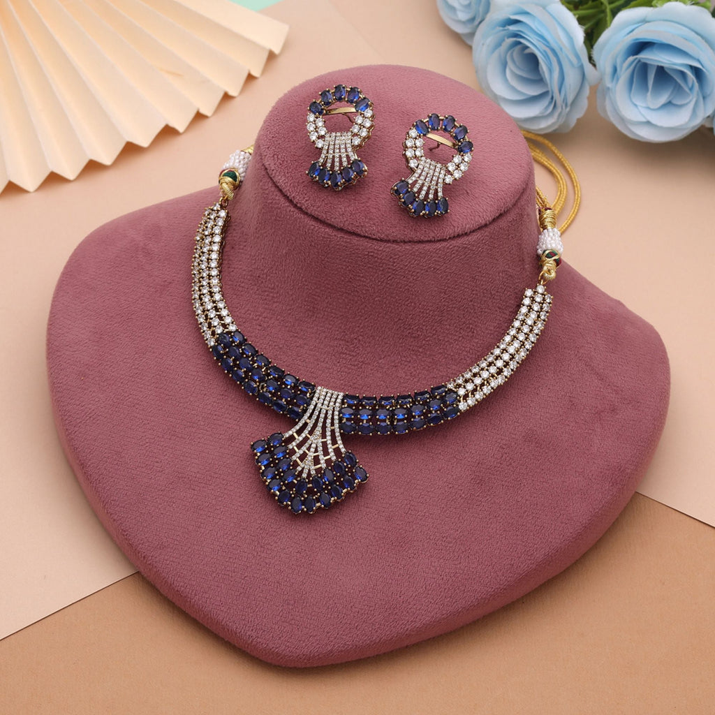 Blue Color American Diamond Necklace Set with Elegant Crystal Designer Jewelry Finish