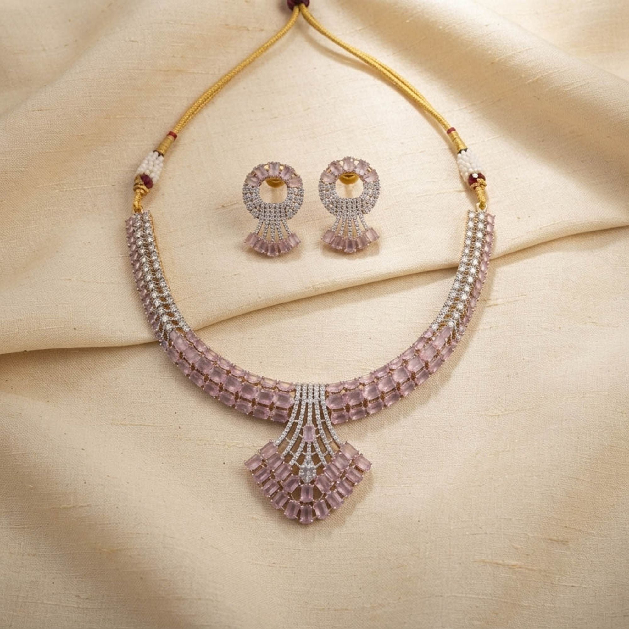 Pink Color American Diamond Necklace Set Featuring Premium Sparkling Party Wear Style