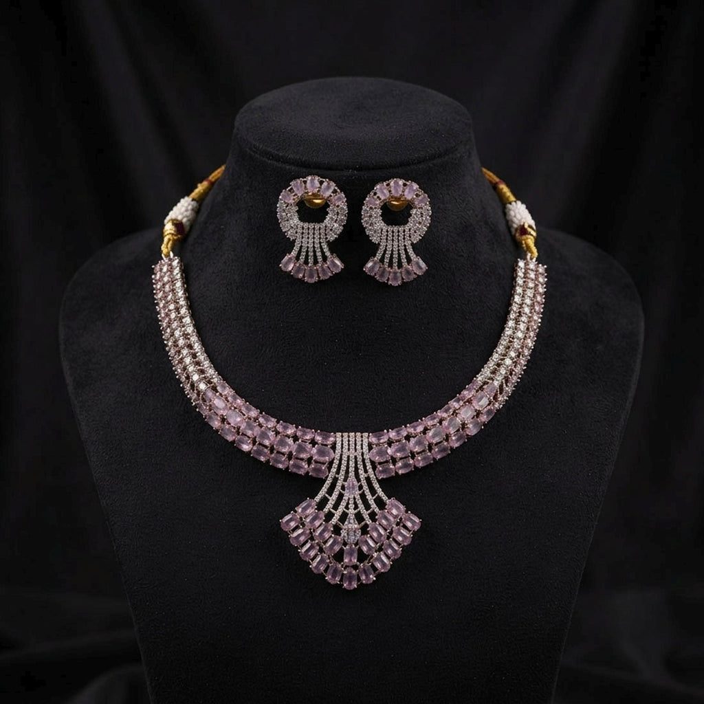 Pink Color American Diamond Necklace Set Featuring Premium Sparkling Party Wear Style