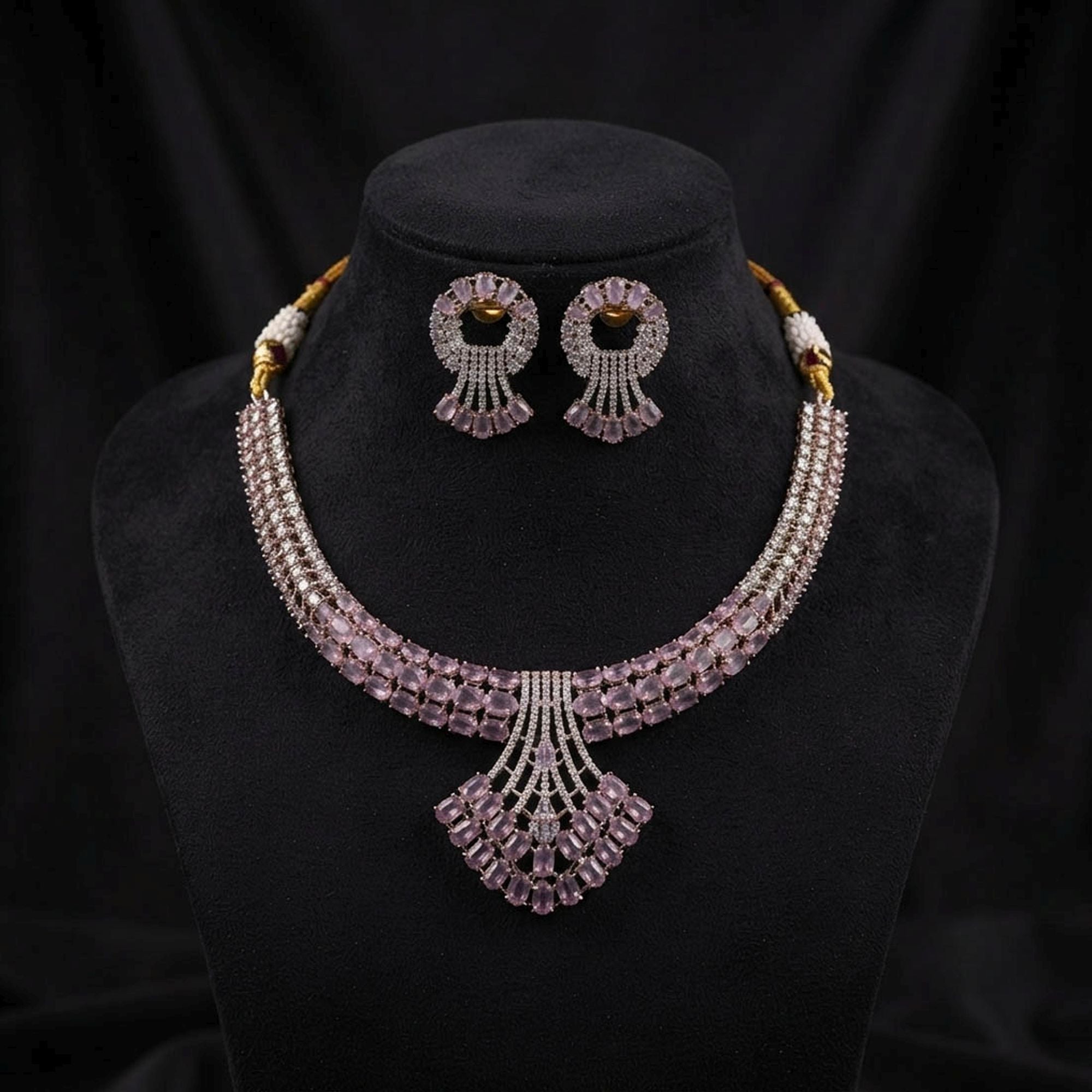 Pink Color American Diamond Necklace Set Featuring Premium Sparkling Party Wear Style