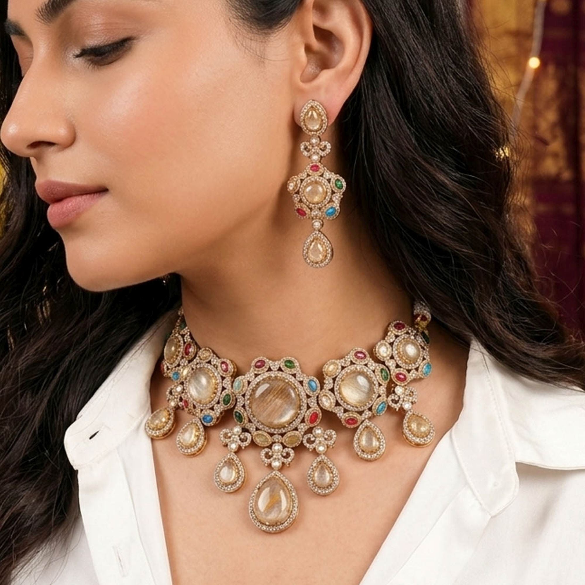 Multi Color Sabyasachi Inspired Russian Stone Choker Necklace Set with Royal Designer Appeal