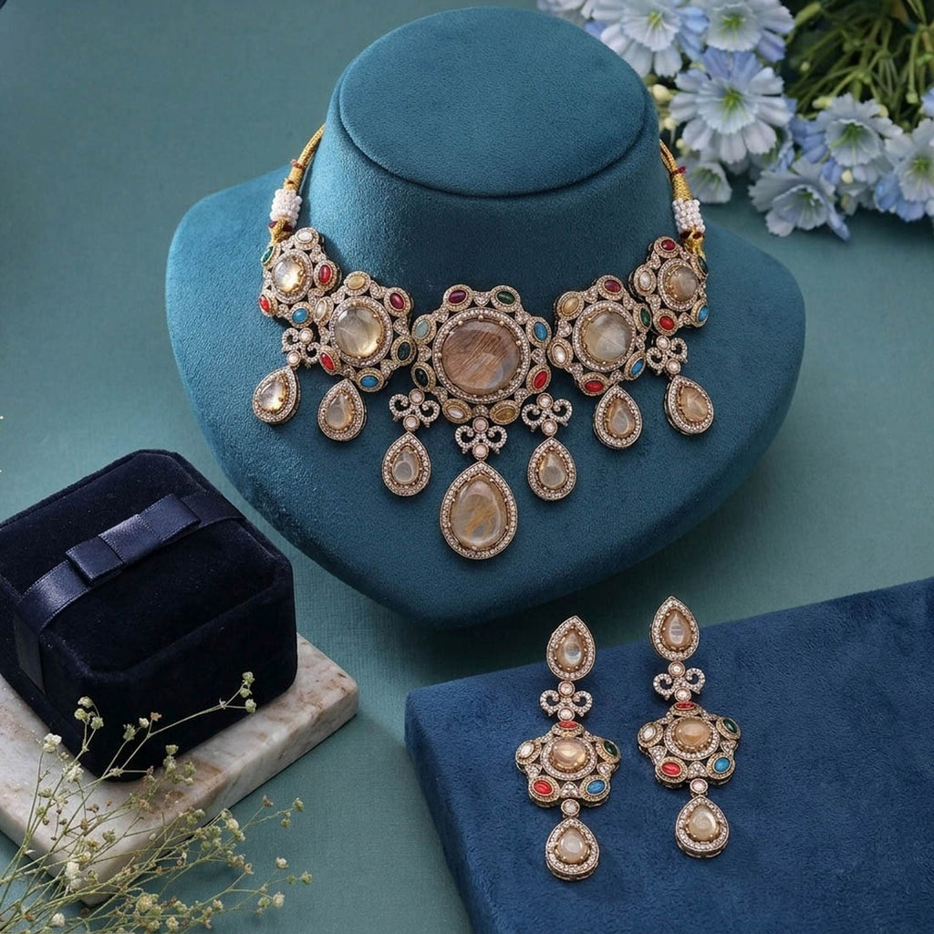 Multi Color Sabyasachi Inspired Russian Stone Choker Necklace Set with Royal Designer Appeal