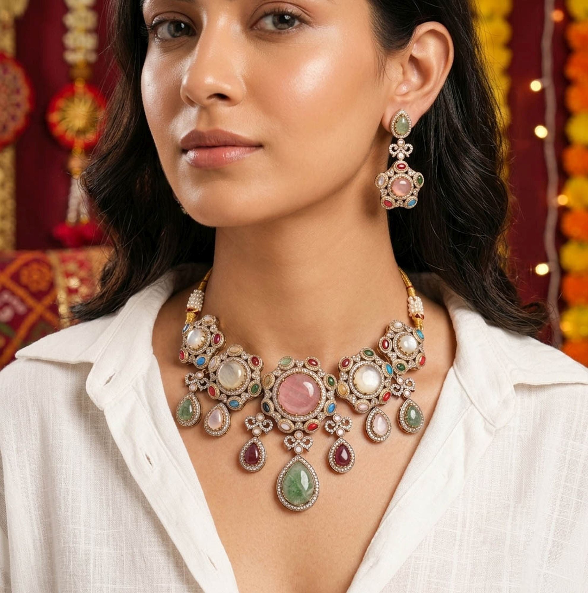 Multi Color Sabyasachi Inspired Russian Stone Choker Necklace Set Featuring Elegant Bridal Style