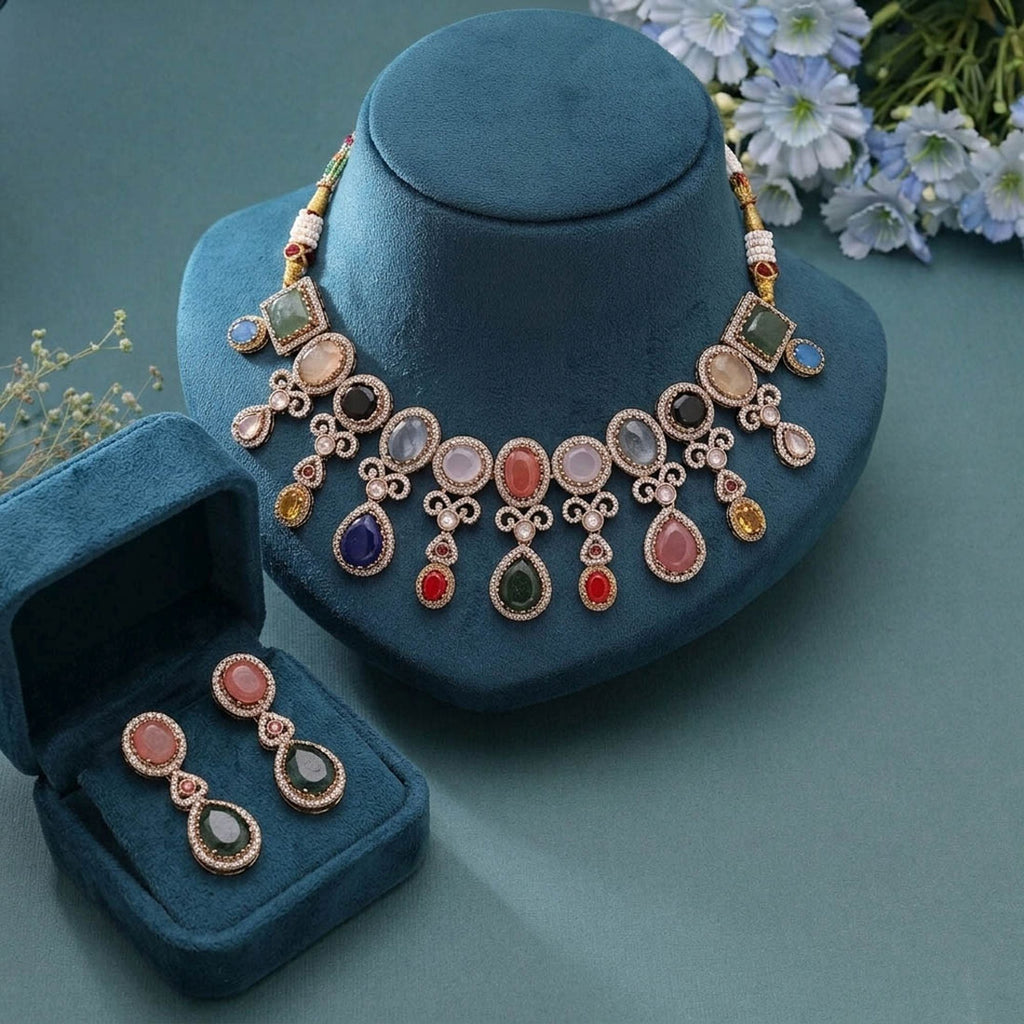 Multi Color Sabyasachi Inspired Russian Stone Necklace Set Featuring Beautiful Traditional Fashion Style