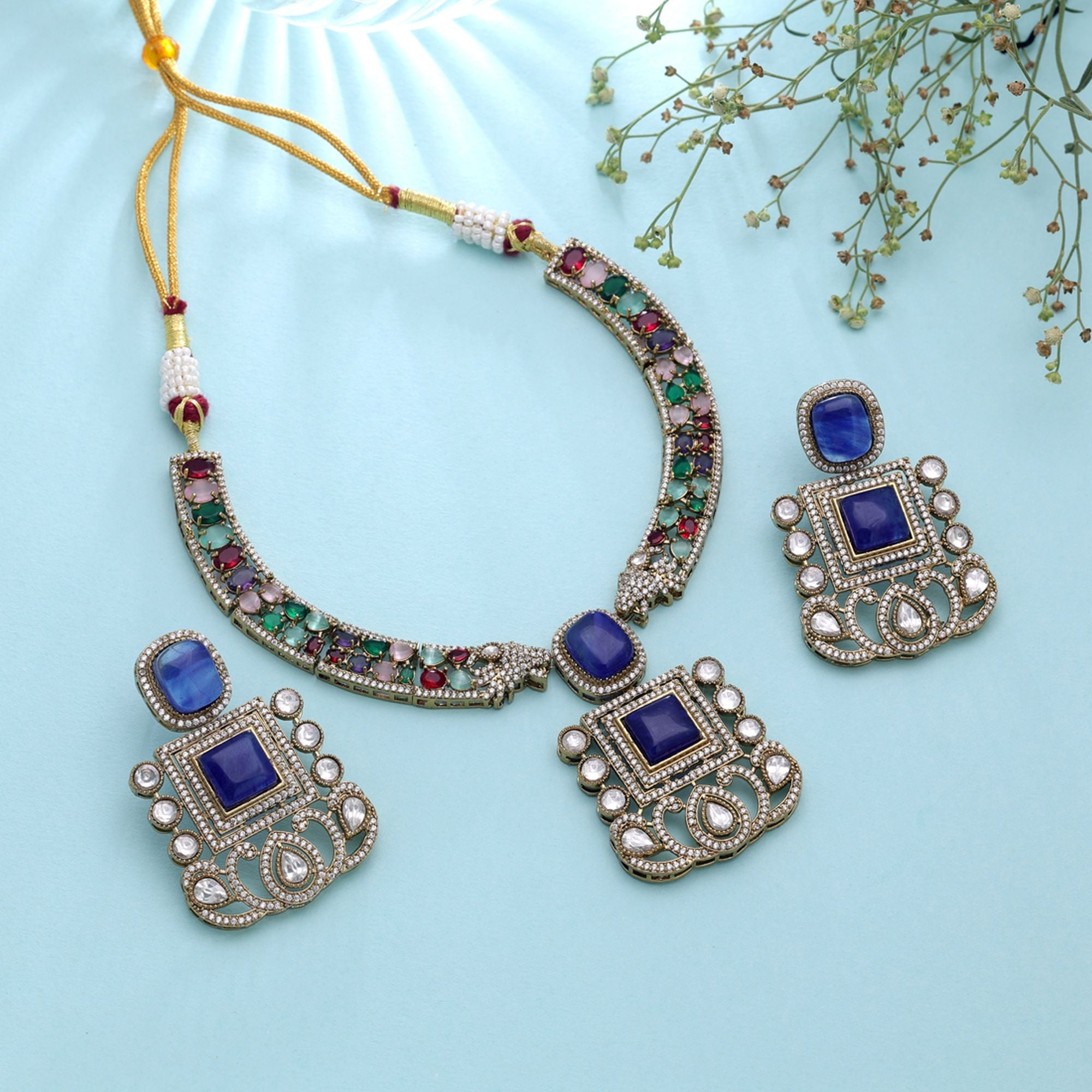 Blue Color American Diamond Polki Necklace Set Featuring Beautiful Ethnic Fashion Style
