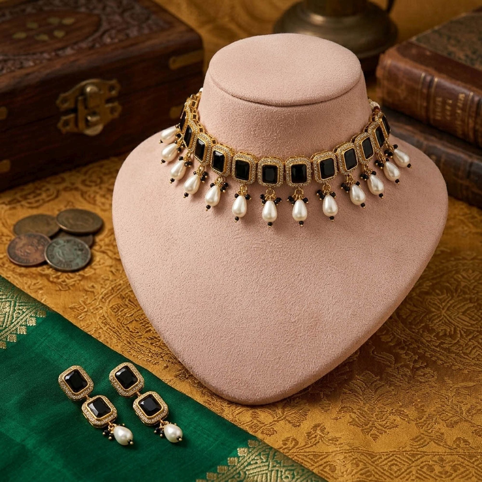 Black Color American Diamond & Turkish Stone Necklace Set Designer Style