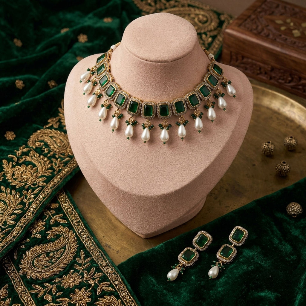 Green Color American Diamond & Turkish Stone Necklace Set Party Wear