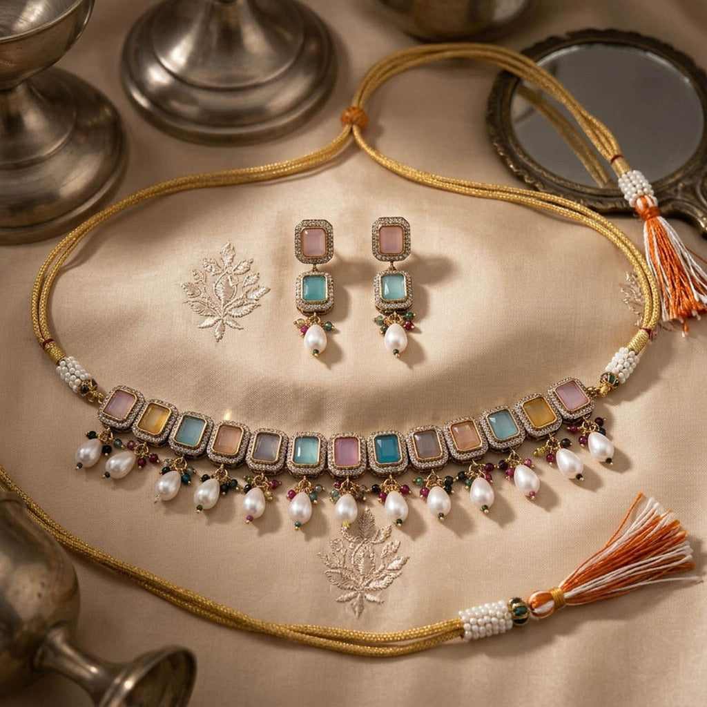 Light Pink & Light Blue Color American Diamond & Turkish Stone Necklace Set Party Wear