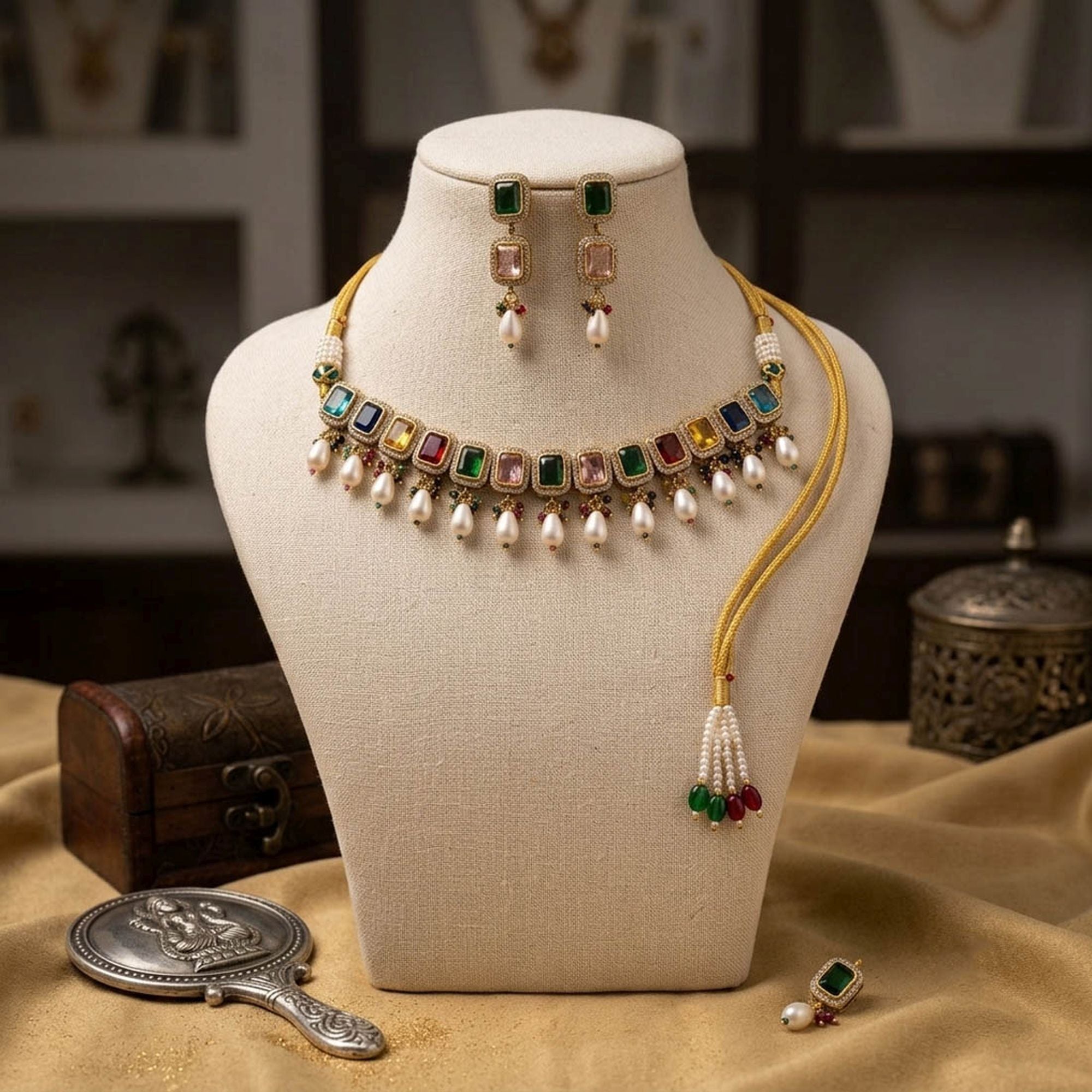Multi Color American Diamond & Turkish Stone Necklace Set Party Wear