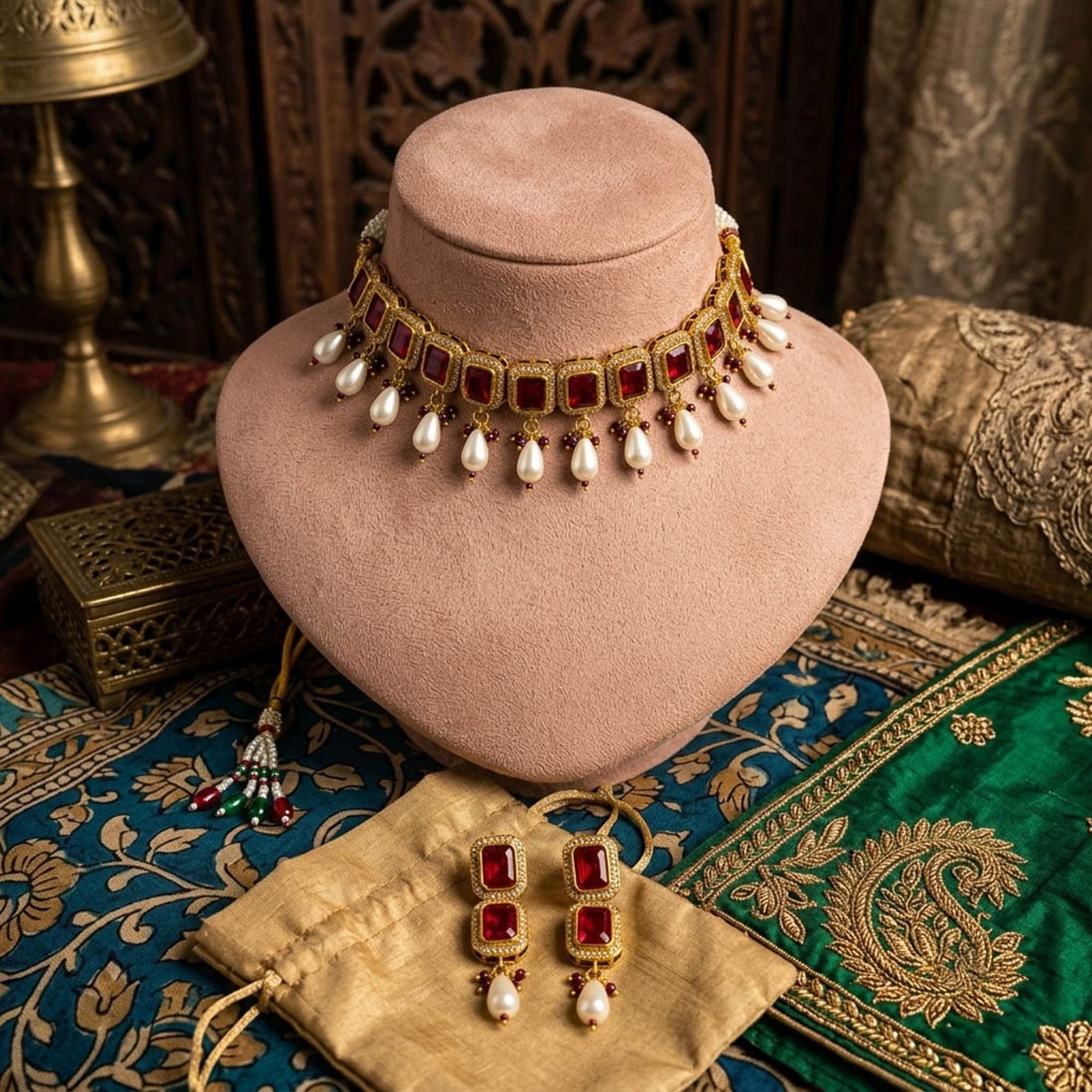 Red Color American Diamond & Turkish Stone Necklace Set Party Wear
