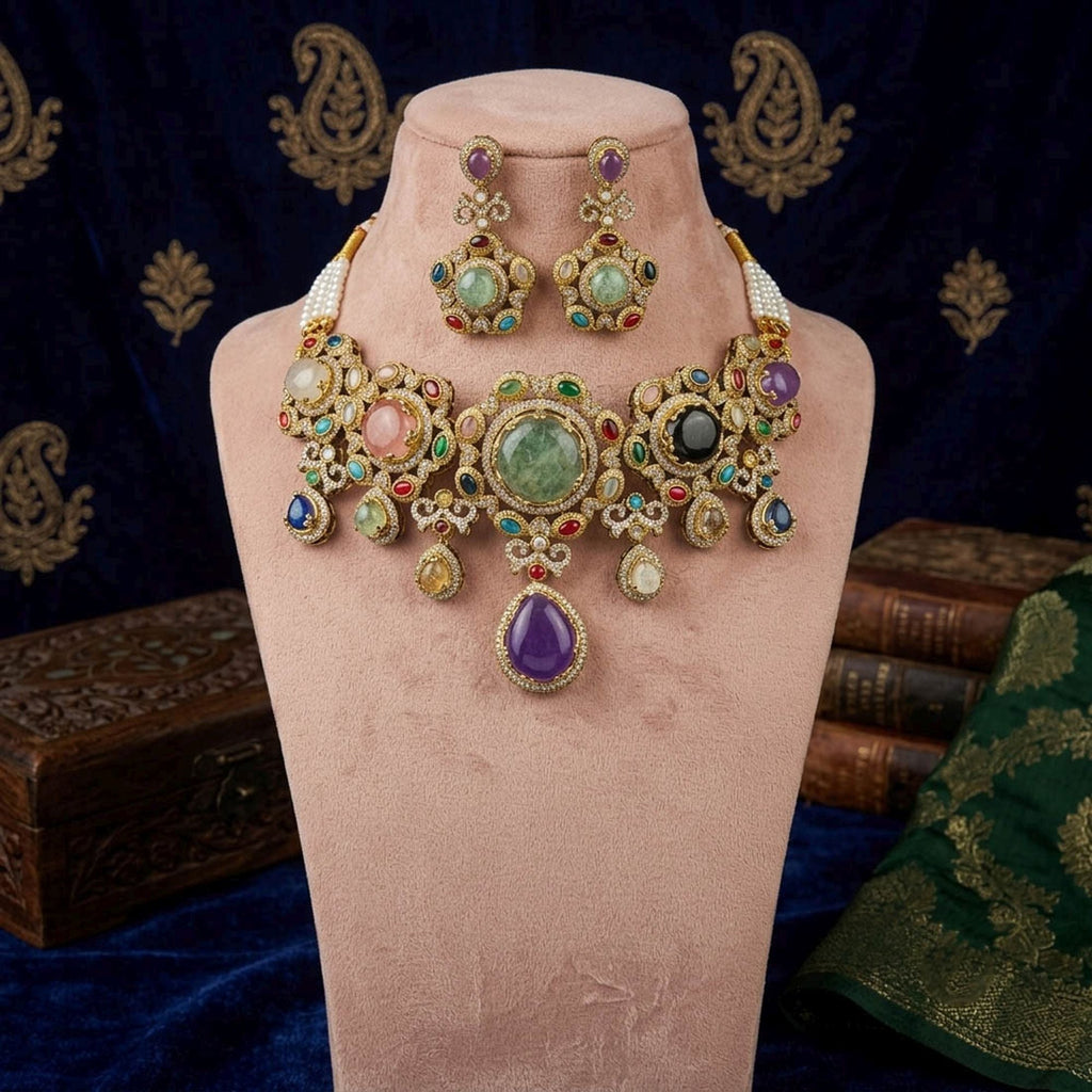 Multi Color Sabyasachi Inspired Russian Stone Choker Necklace Set Bridal Appeal