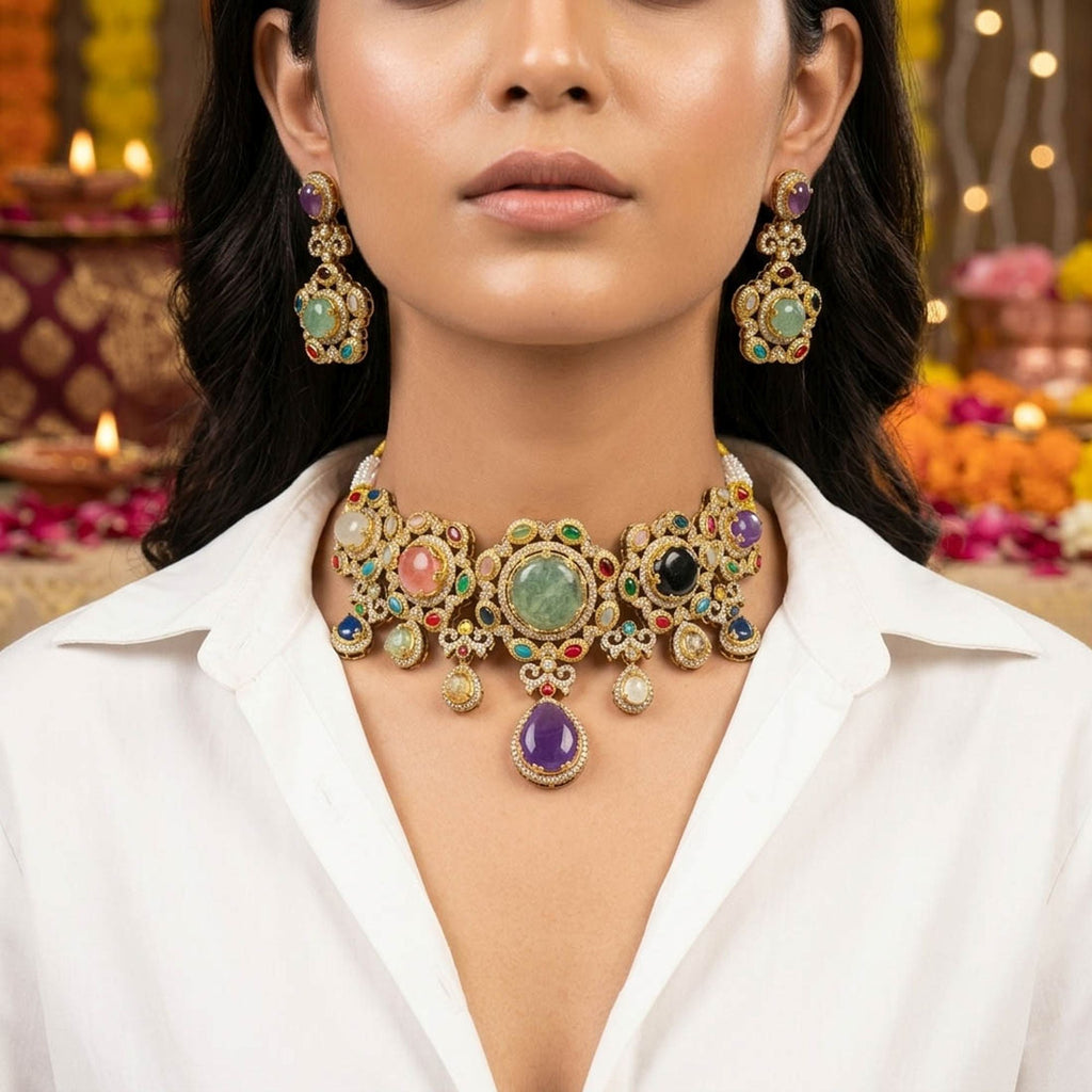 Multi Color Sabyasachi Inspired Russian Stone Choker Necklace Set Bridal Appeal