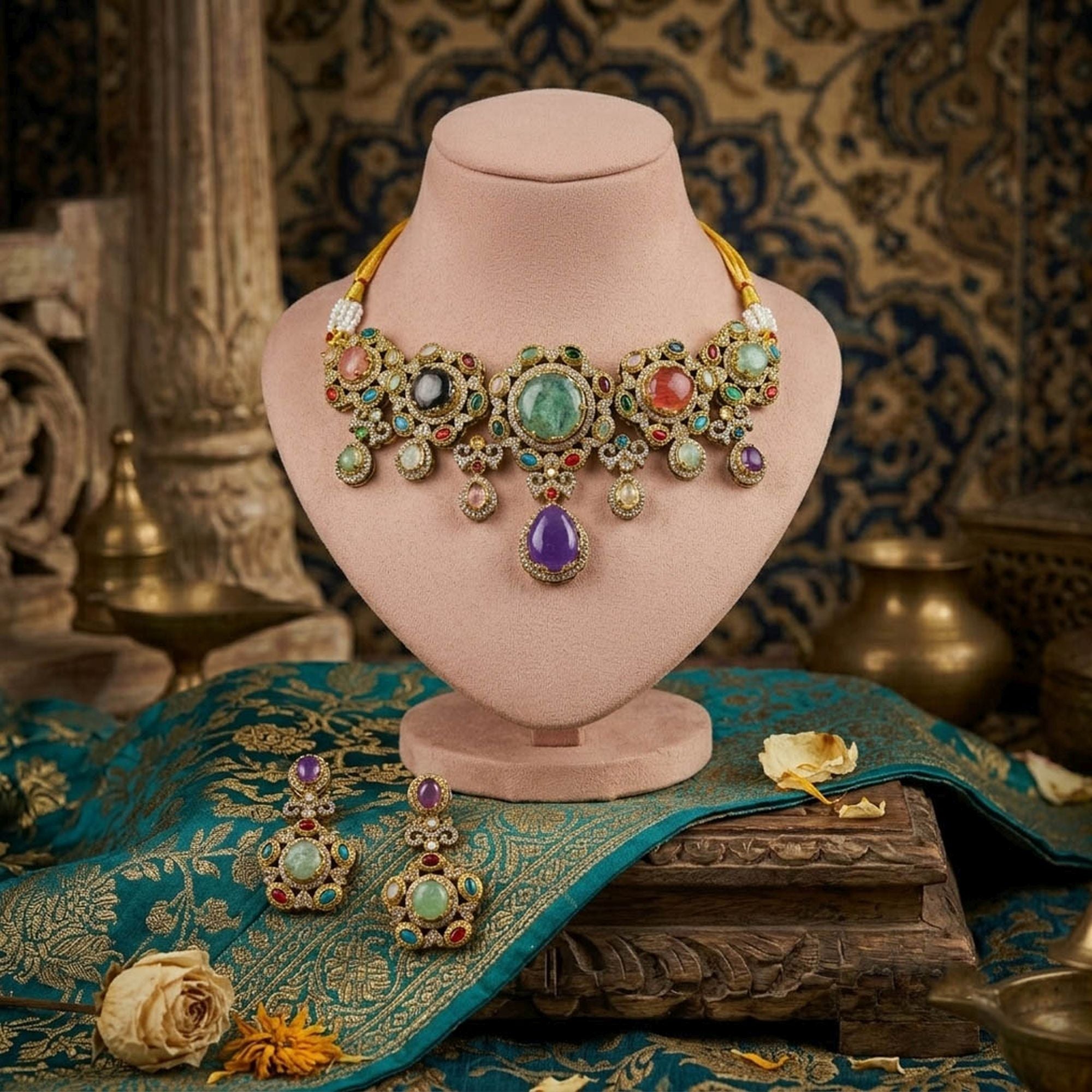 Multi Color Sabyasachi Inspired Russian Stone Choker Necklace Set Ethnic Style