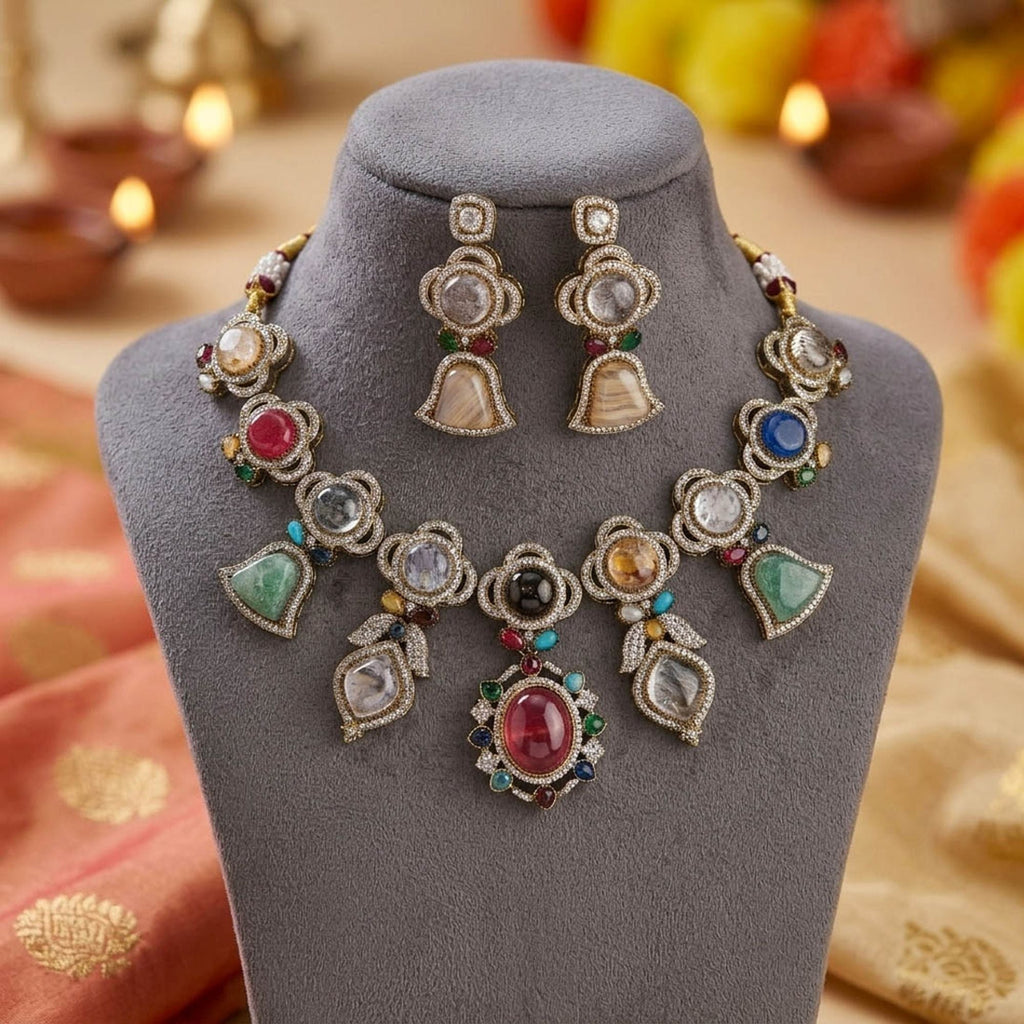 Multi Color Sabyasachi Inspired Russian Stone Necklace Set Traditional Finish