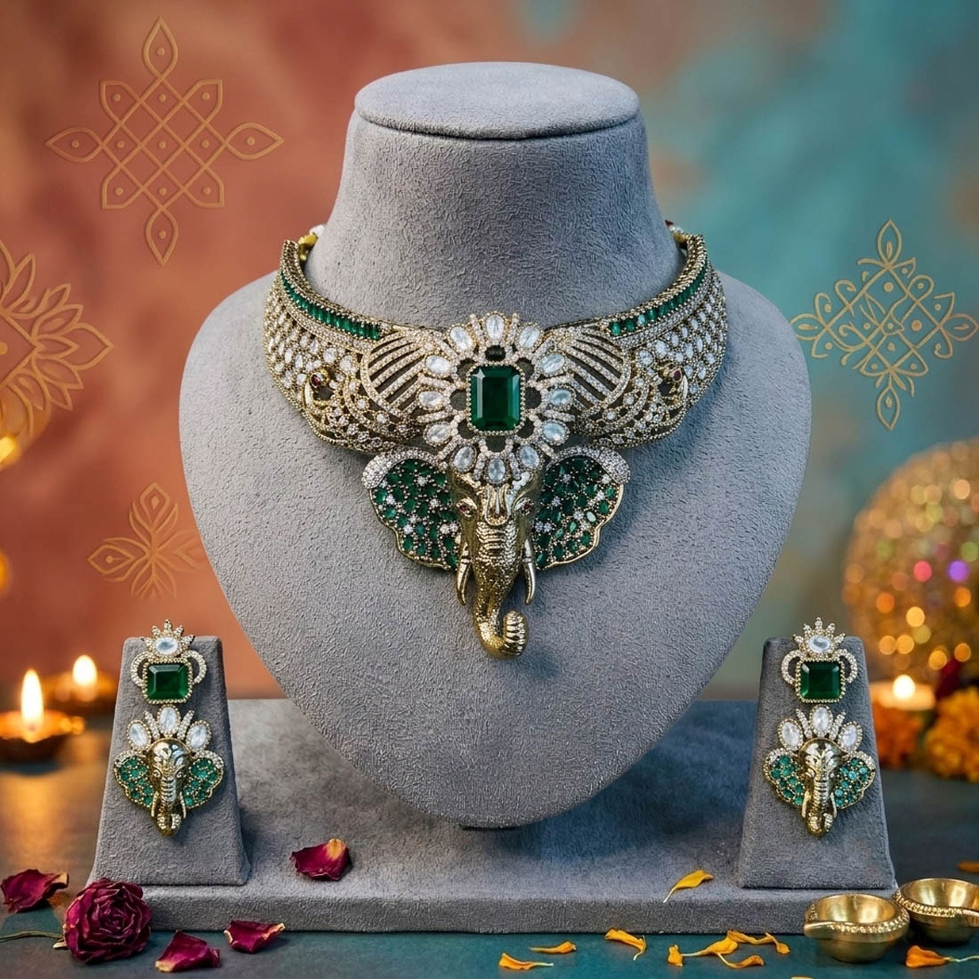 Green Color Divine Ganesha AD Necklace Set Traditional Appeal