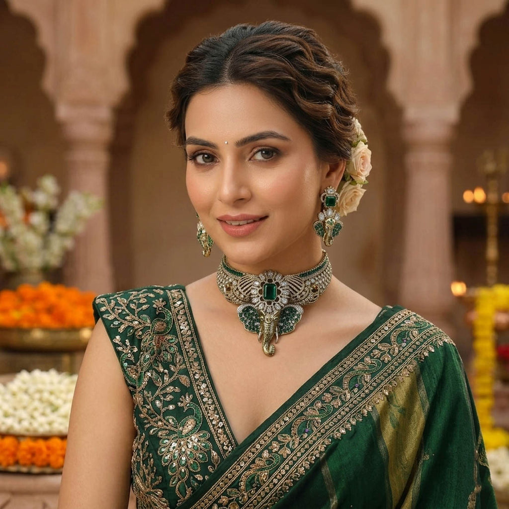 Green Color Divine Ganesha AD Necklace Set Traditional Appeal