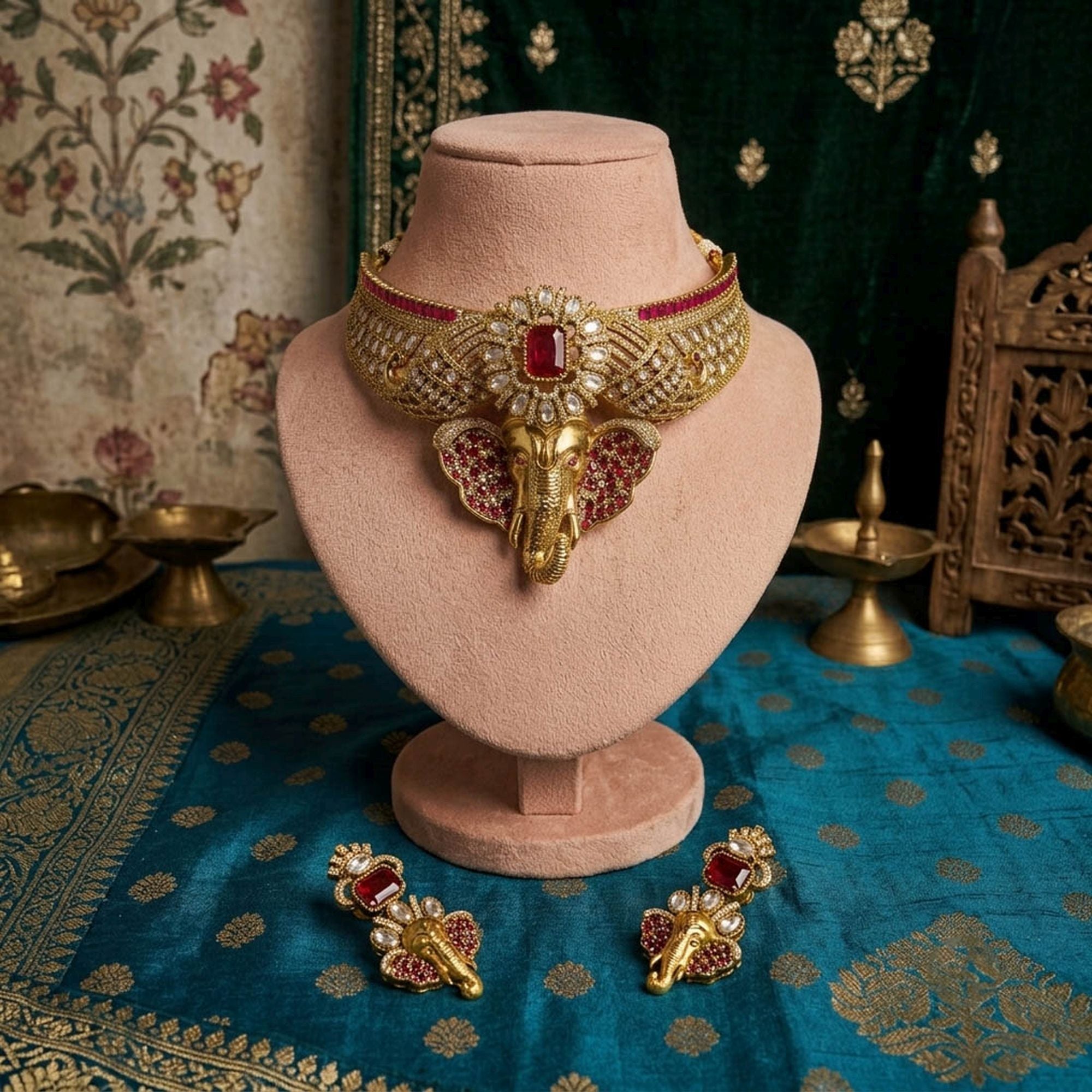 Rani Color Divine Ganesha AD Necklace Set Spiritual Design