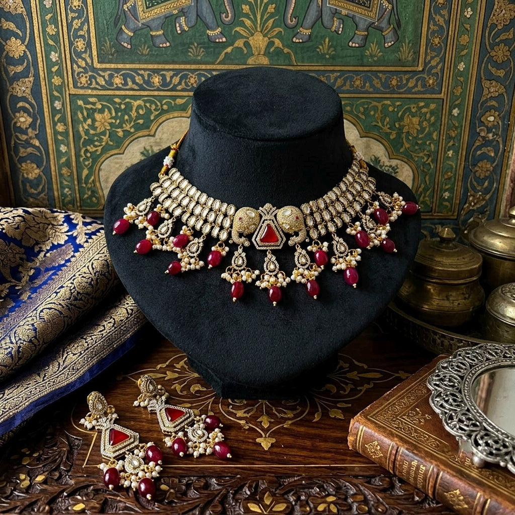 Maroon Color American Diamond Necklace Set Festive Party Wear