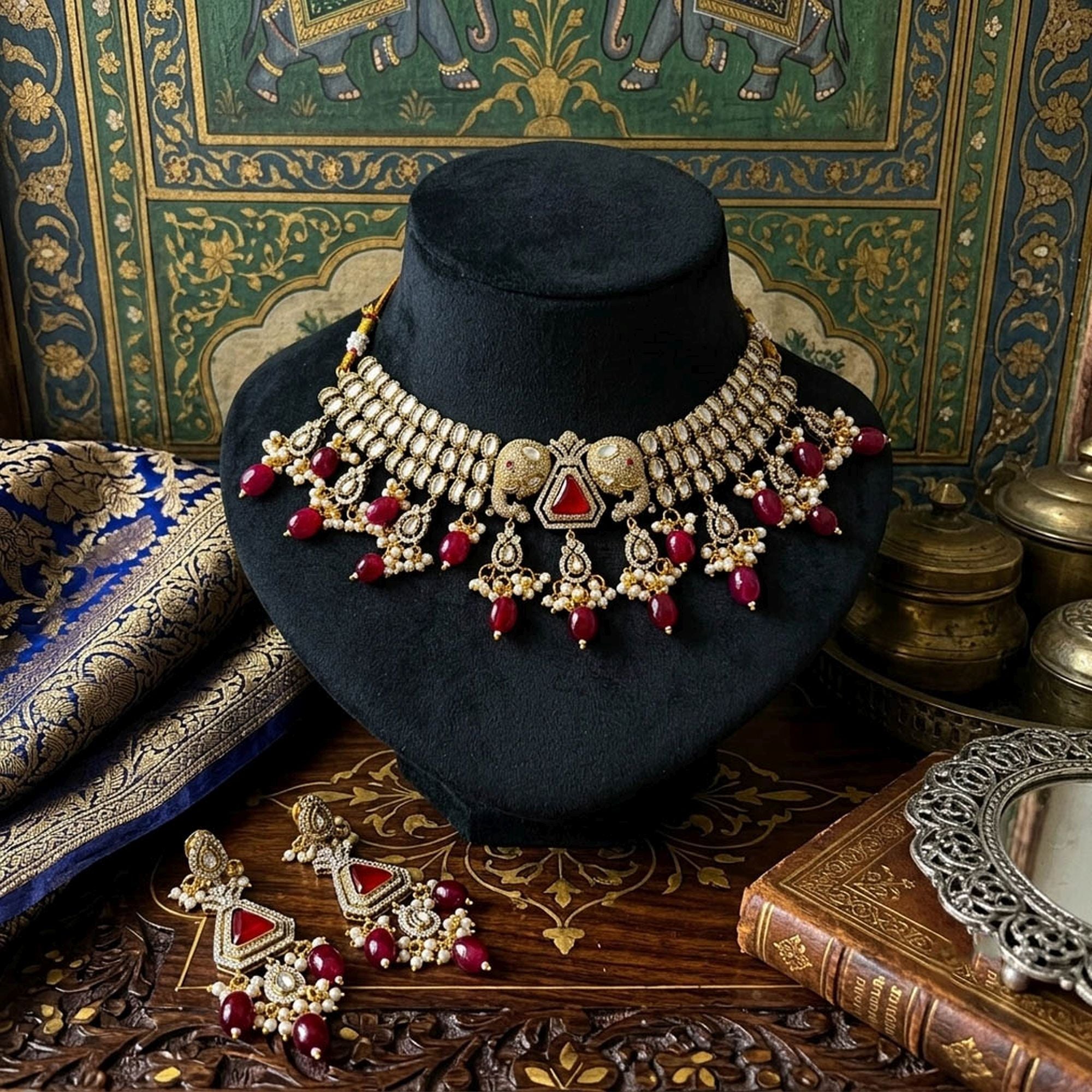 Maroon Color American Diamond Necklace Set Festive Party Wear
