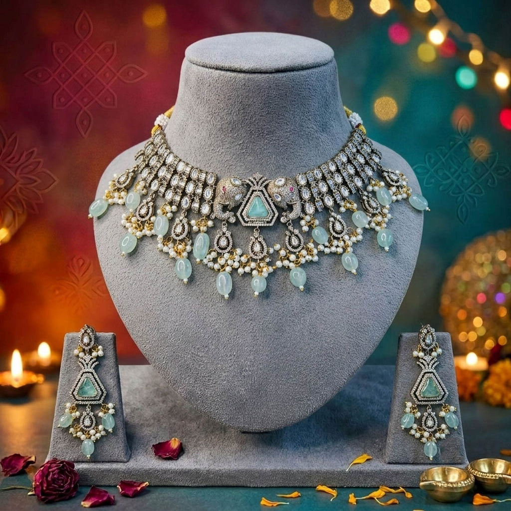 Pista Green Color American Diamond Necklace Set Sparkling Designer Finish
