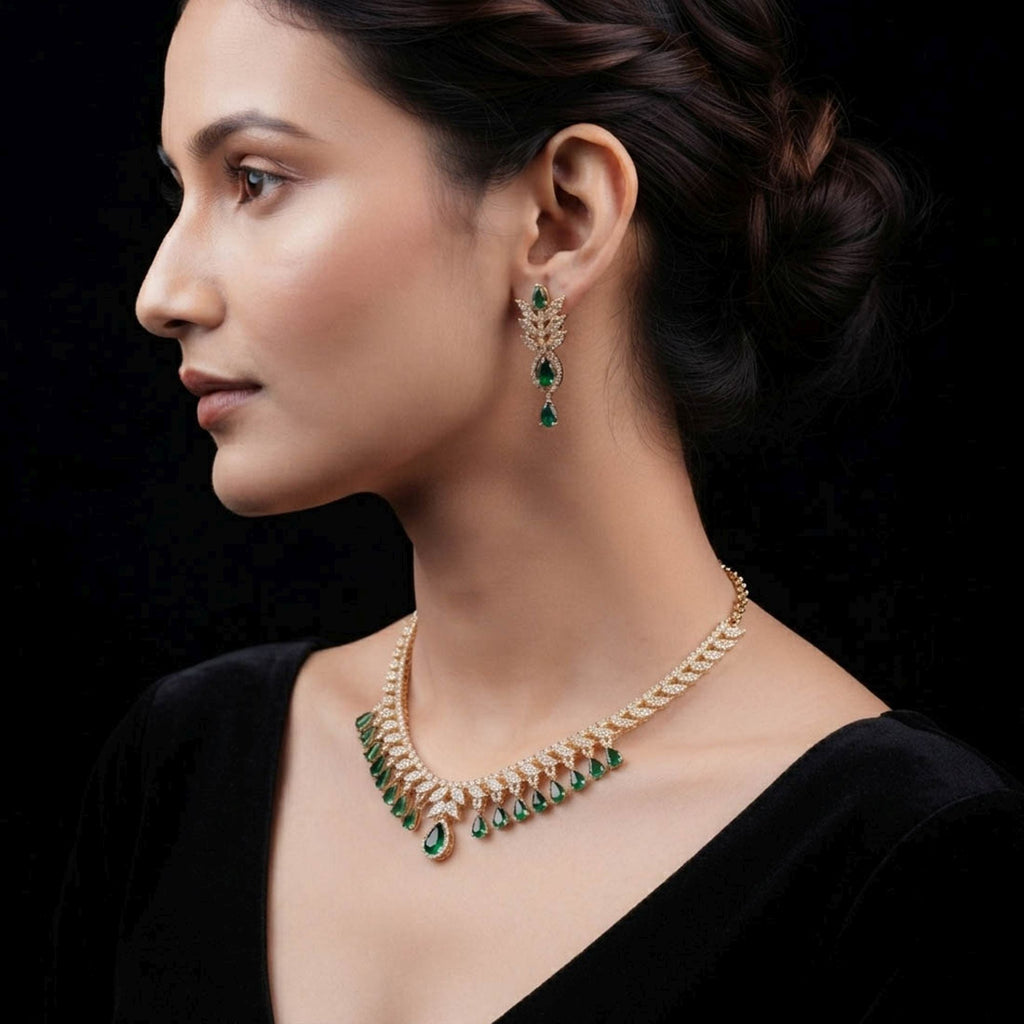 Green Color American Diamond Necklace Set Designer Appeal