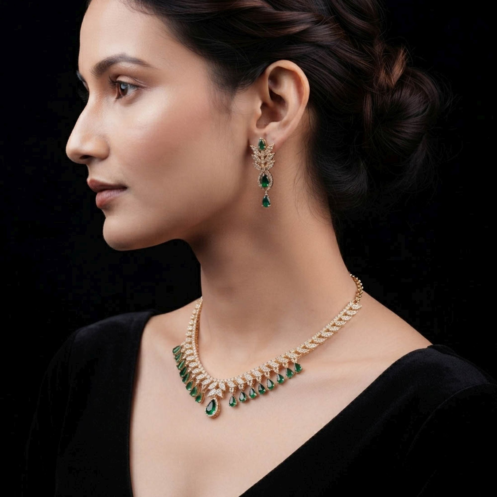 Green Color American Diamond Necklace Set Designer Appeal
