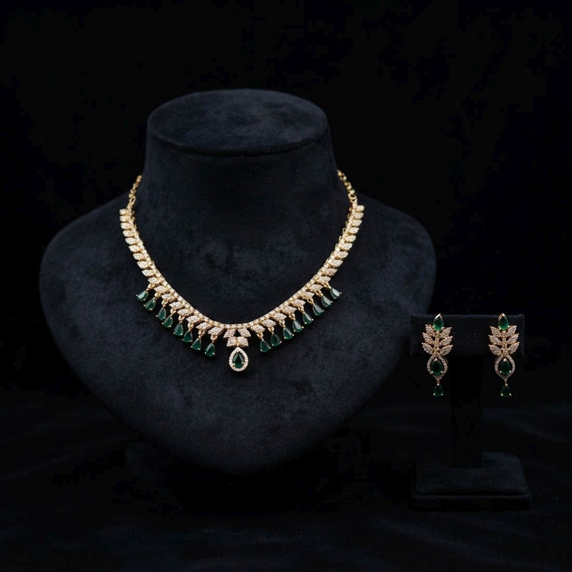 Green Color American Diamond Necklace Set Designer Appeal