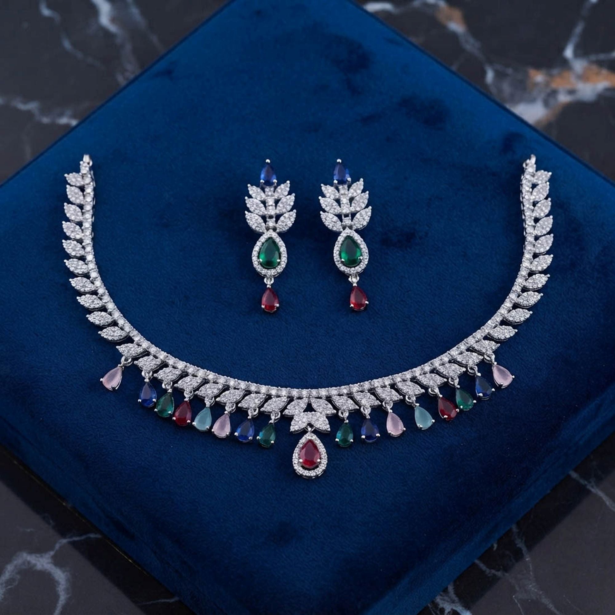 Multi Color American Diamond Necklace Set Festive Style
