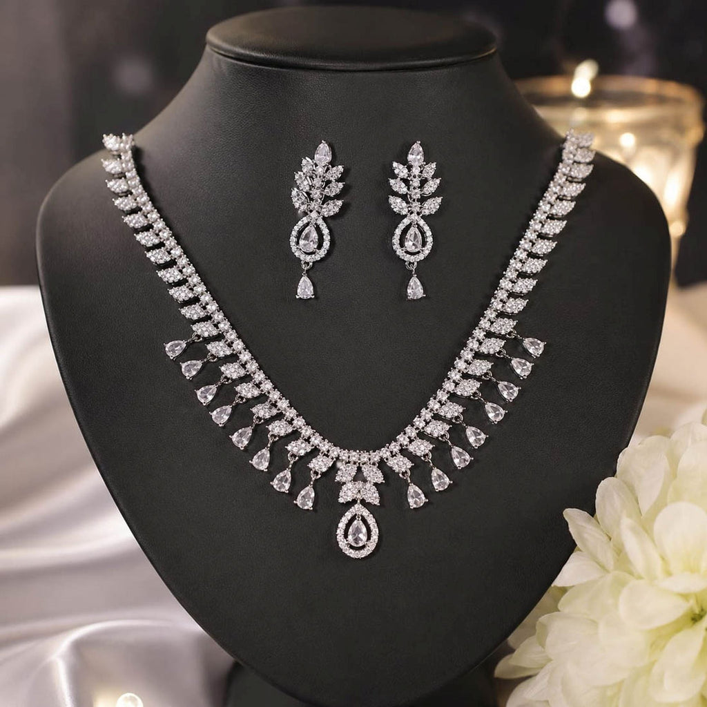 White Color American Diamond Necklace Set Designer Style