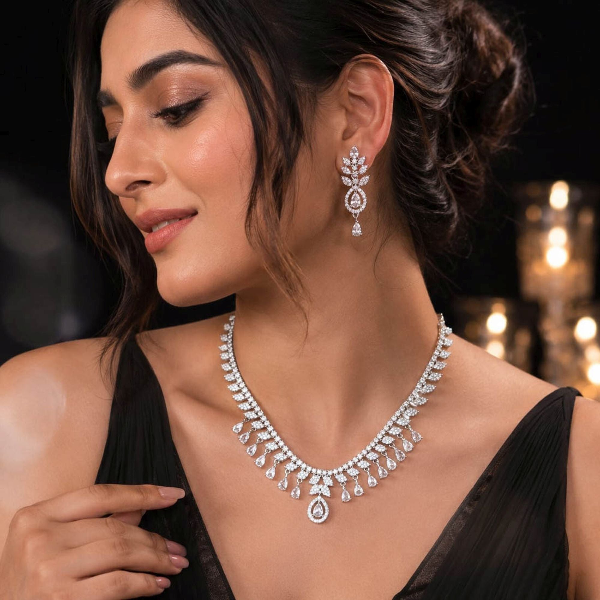 White Color American Diamond Necklace Set Designer Style
