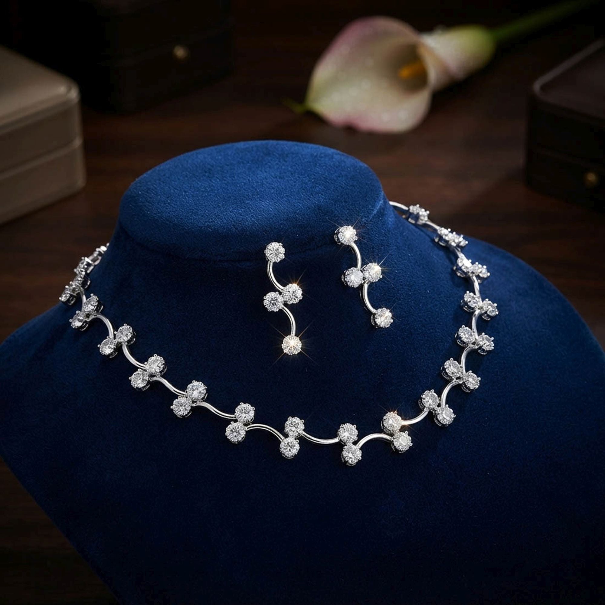 White Color American Diamond Necklace Set Party Wear