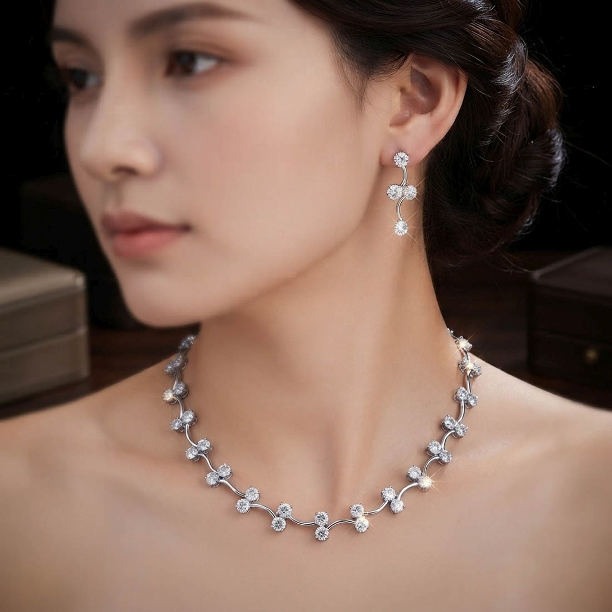 White Color American Diamond Necklace Set Party Wear
