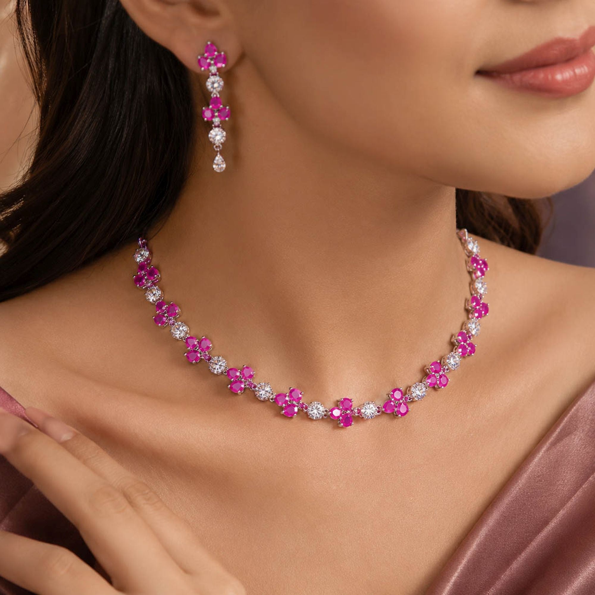 Tyrian Purple Color American Diamond Necklace Set Royal Style