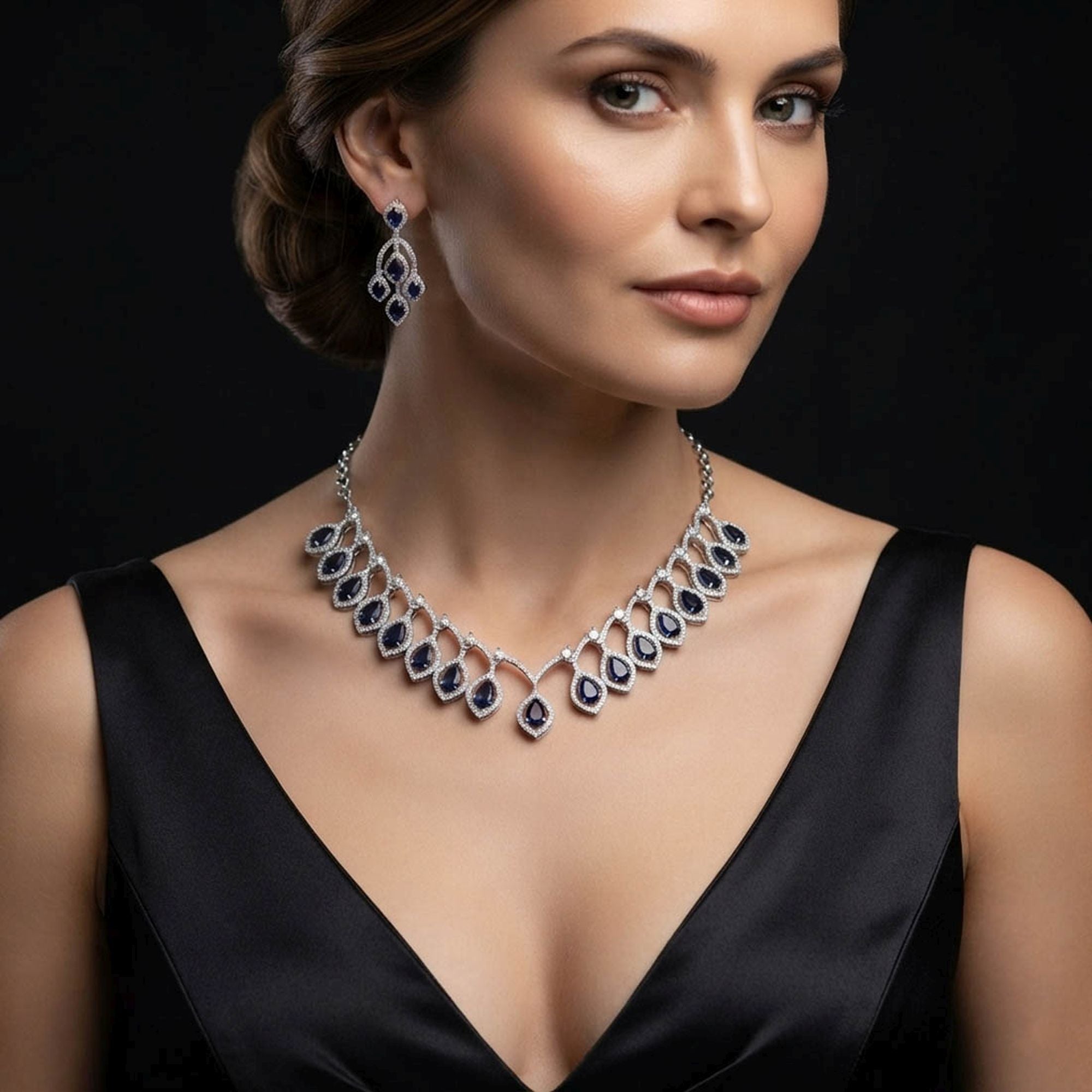Blue Color American Diamond Necklace Set Fashion Style