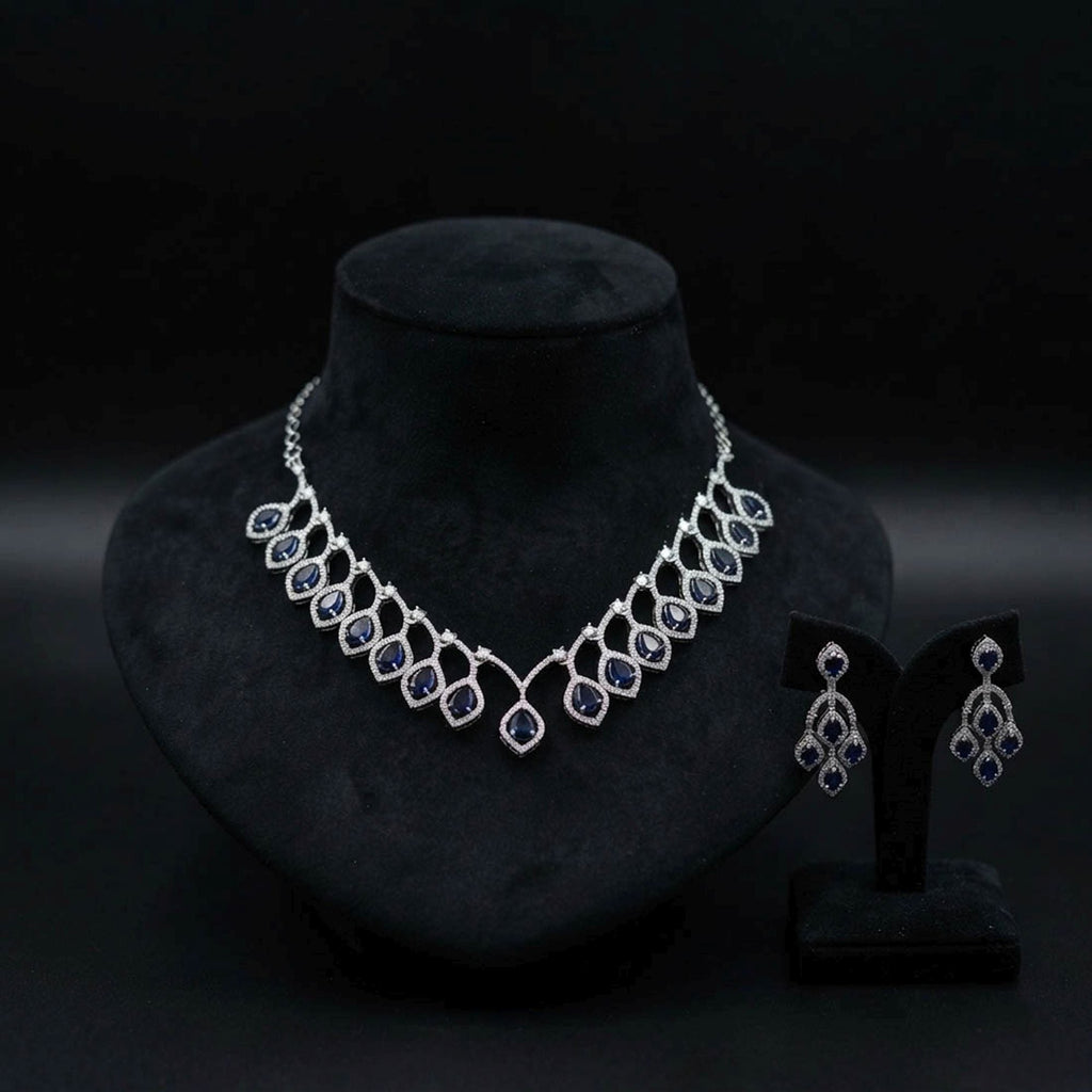 Blue Color American Diamond Necklace Set Fashion Style