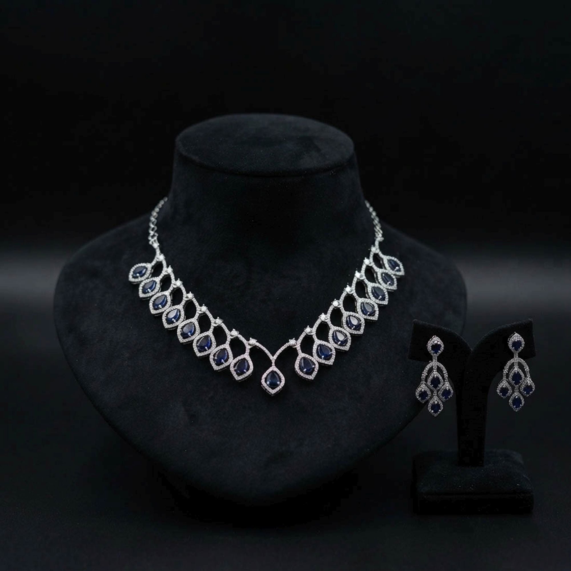 Blue Color American Diamond Necklace Set Fashion Style