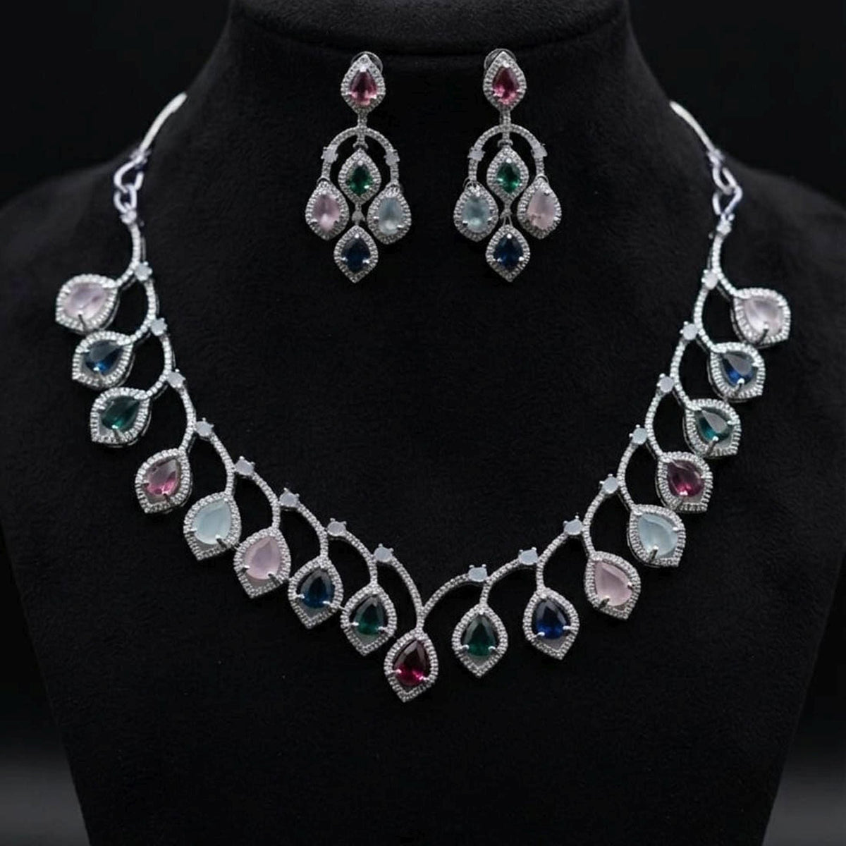 Multi Color American Diamond Necklace Set Traditional Jewelry Appeal