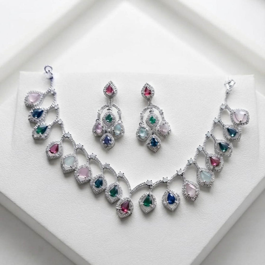 Multi Color American Diamond Necklace Set Traditional Jewelry Appeal