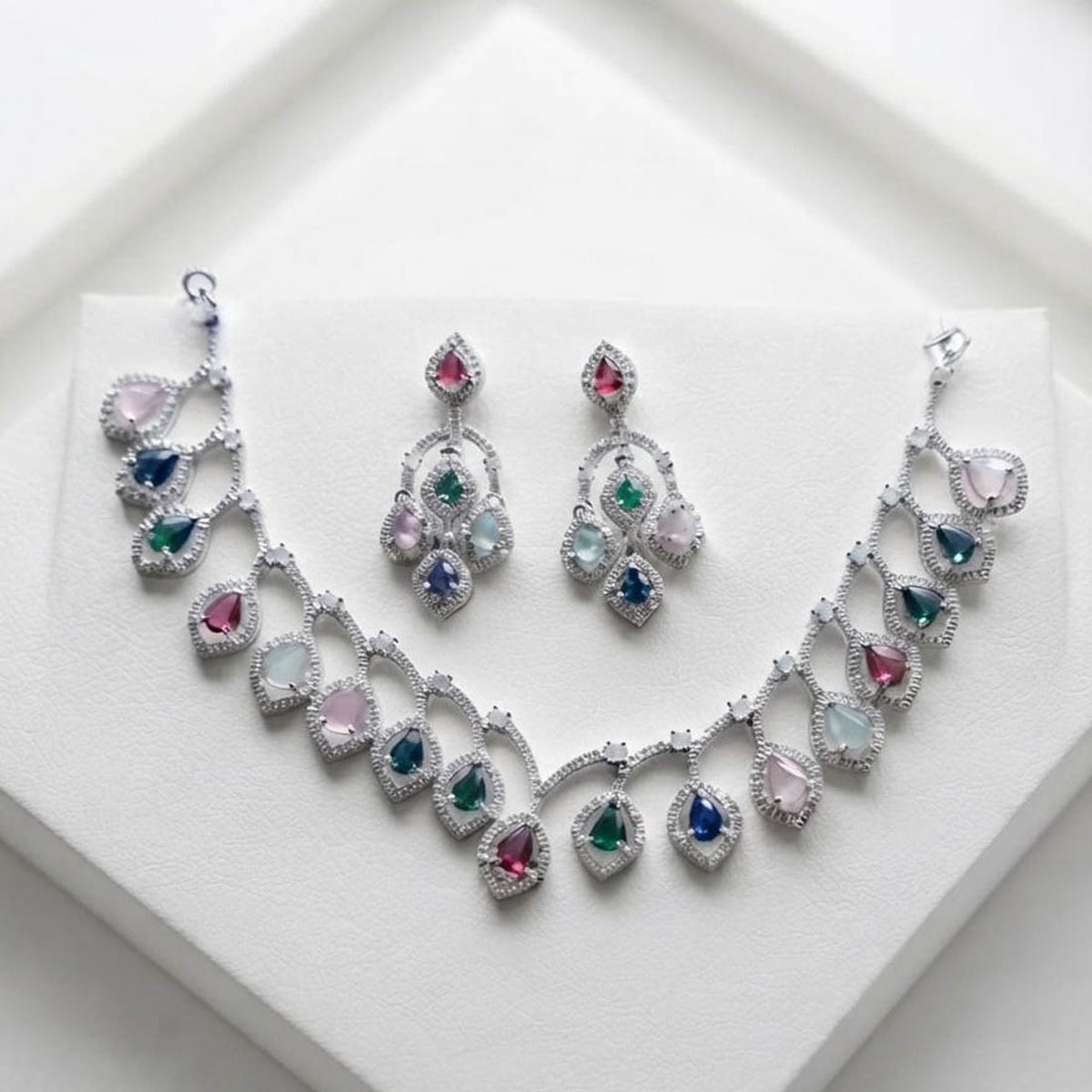 Multi Color American Diamond Necklace Set Traditional Jewelry Appeal