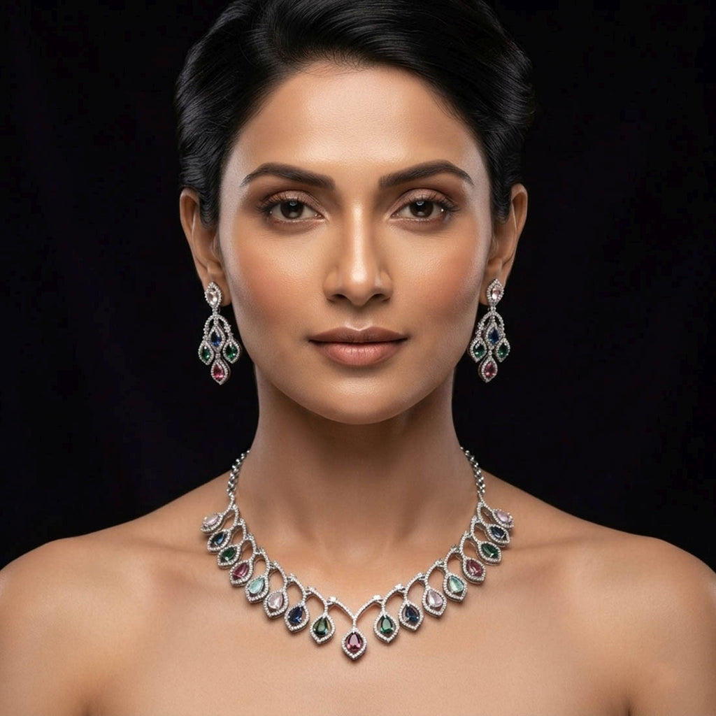 Multi Color American Diamond Necklace Set Designer Style