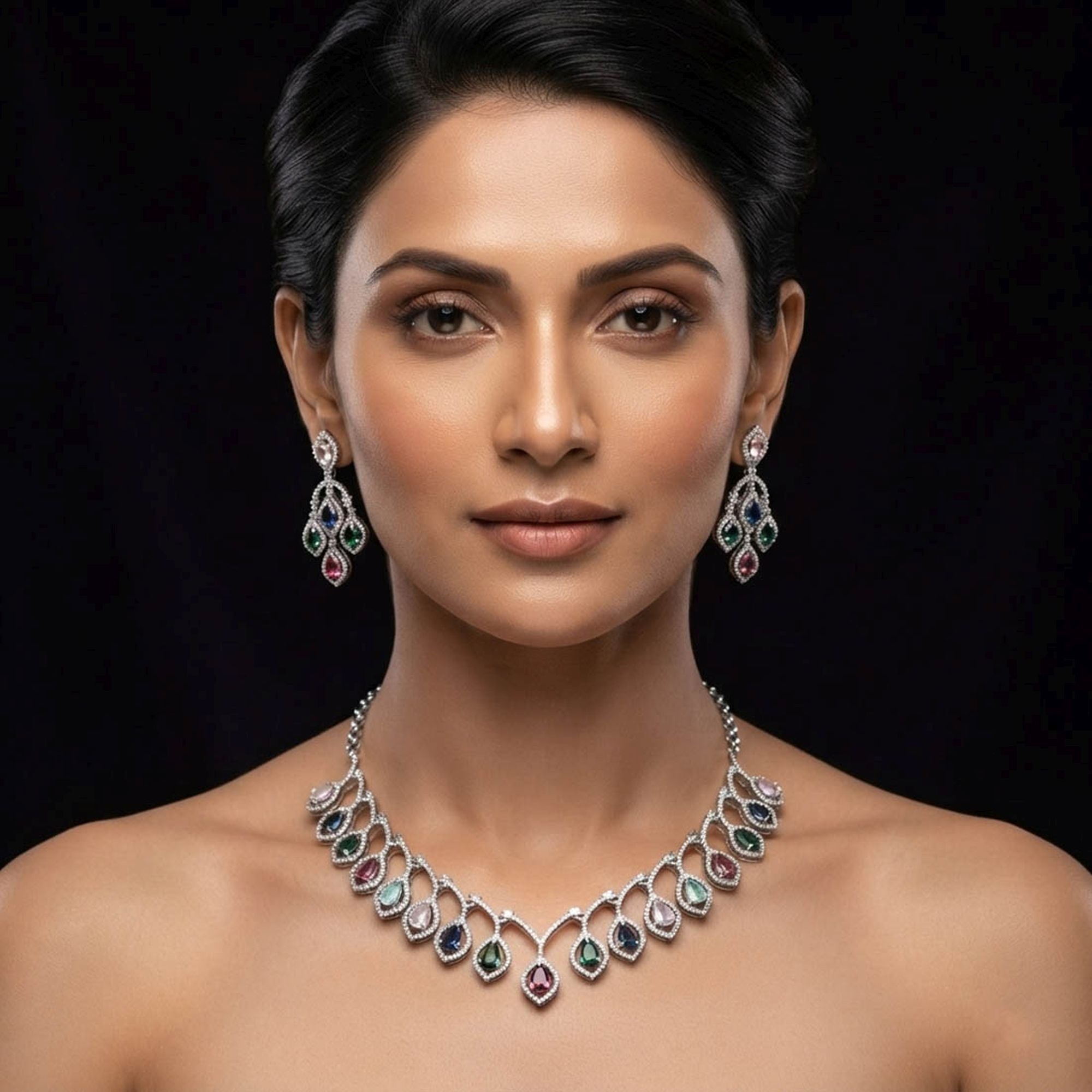 Multi Color American Diamond Necklace Set Designer Style