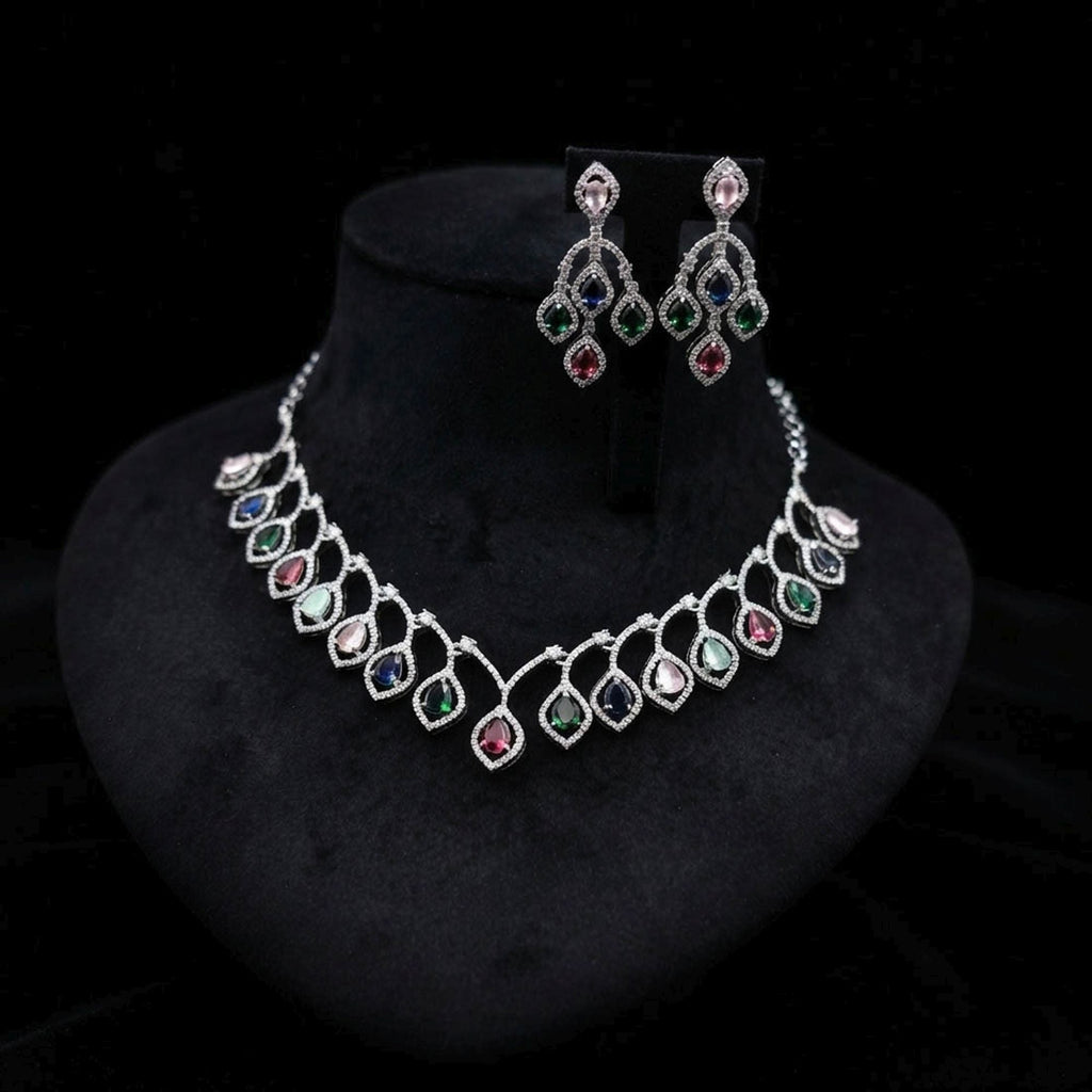 Multi Color American Diamond Necklace Set Designer Style