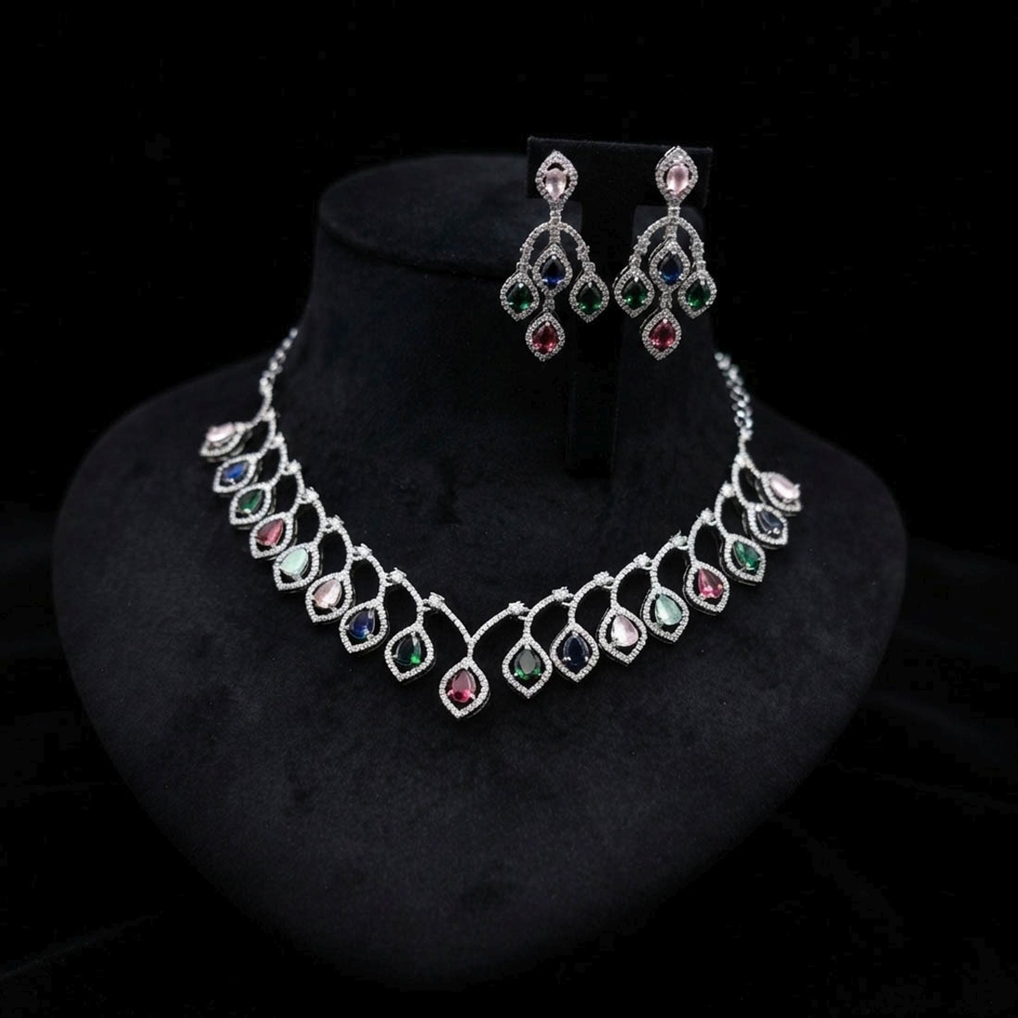 Multi Color American Diamond Necklace Set Designer Style