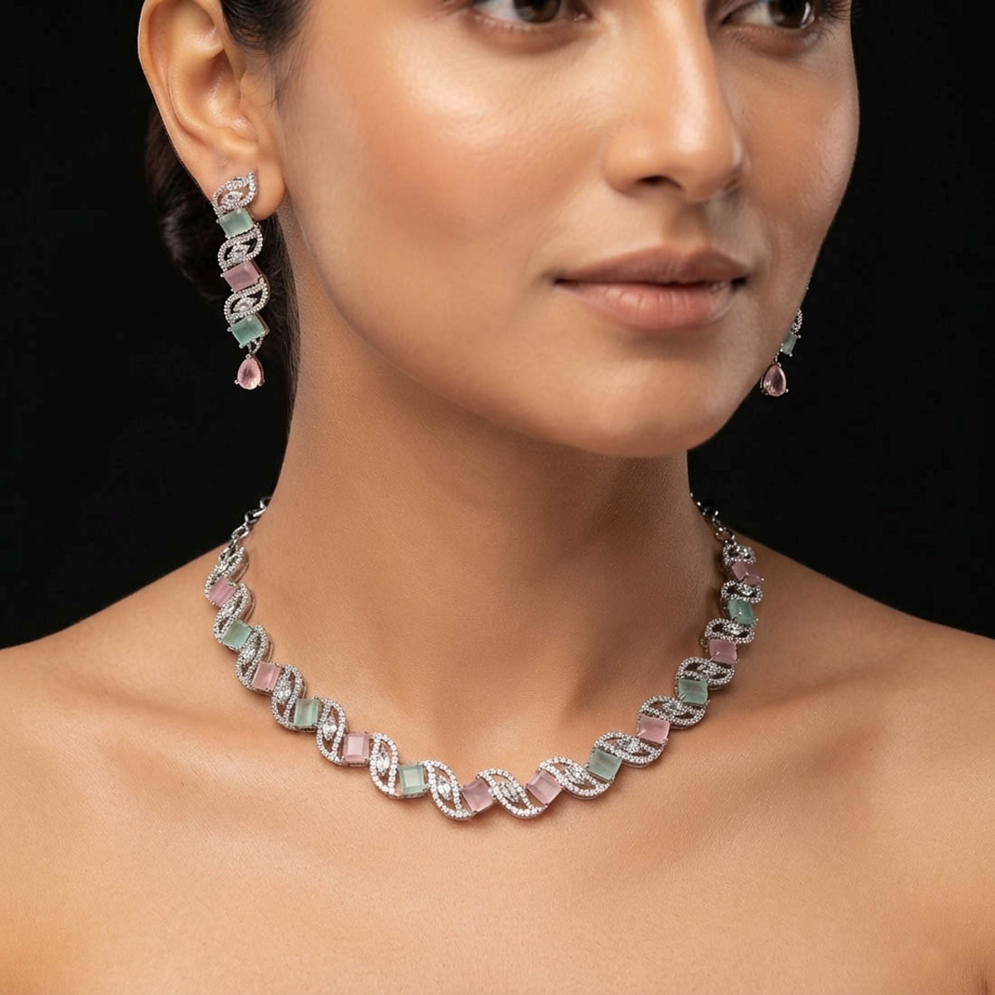 Multi Color American Diamond Necklace Set Premium Style