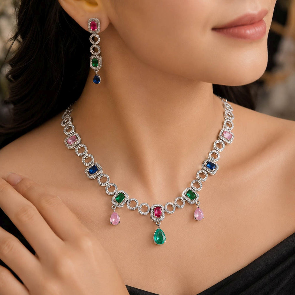 Multi Color American Diamond Necklace Set Traditional Style