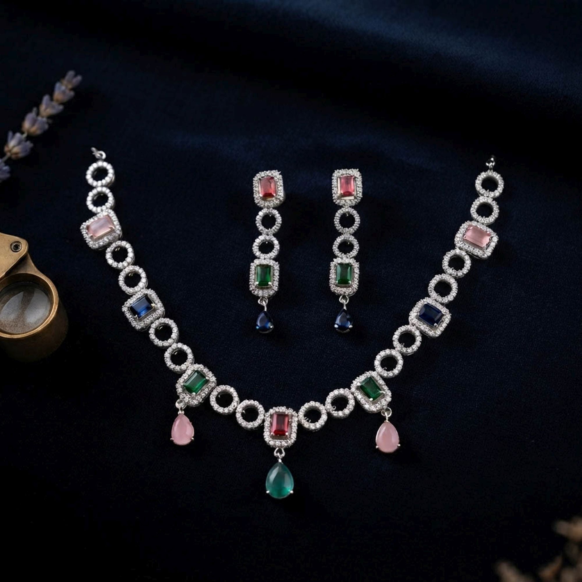 Multi Color American Diamond Necklace Set Traditional Style