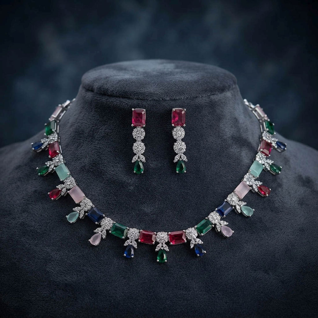 Multi Color American Diamond Necklace Set Festive Style