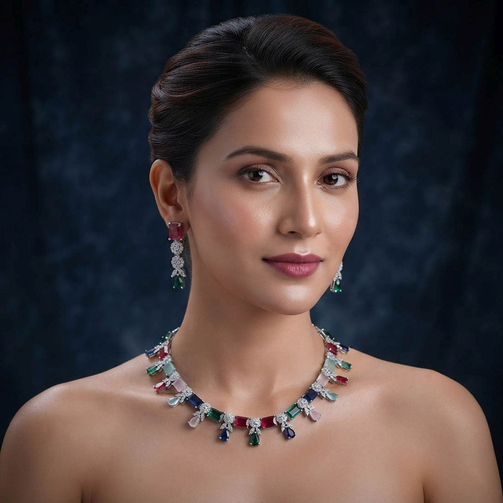Multi Color American Diamond Necklace Set Festive Style